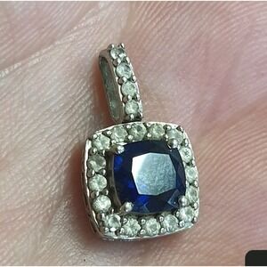 KRN Designer Sterling Silver Blue Sapphire and CZ Square Halo Pendant 925
